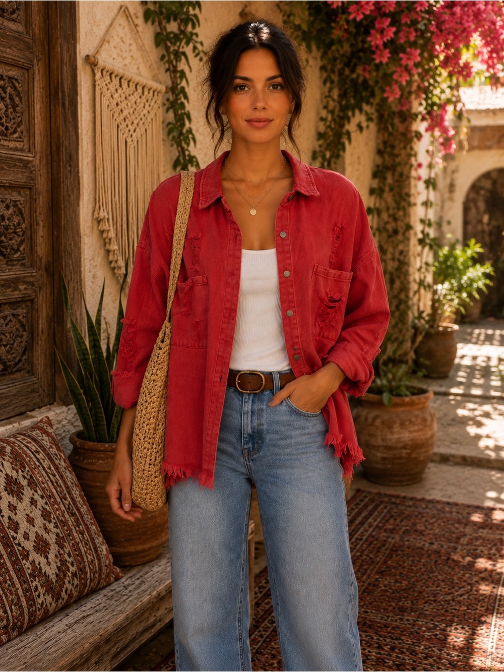 POL Red Distressed Denim Shacket